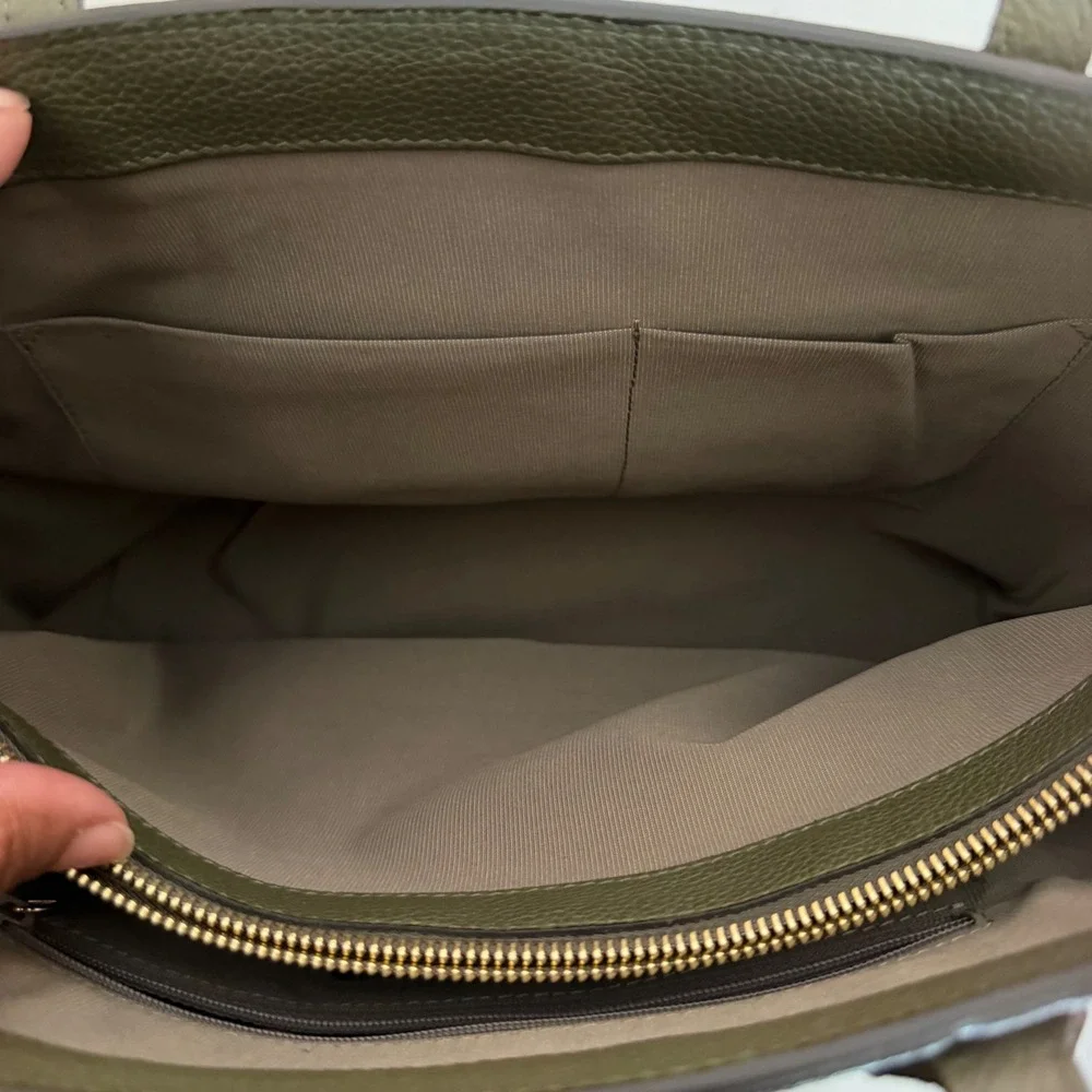 🔵 Furla Olive‎ Green Pebbled Leather Tote Bag Gold Hardware Shoulder Italy